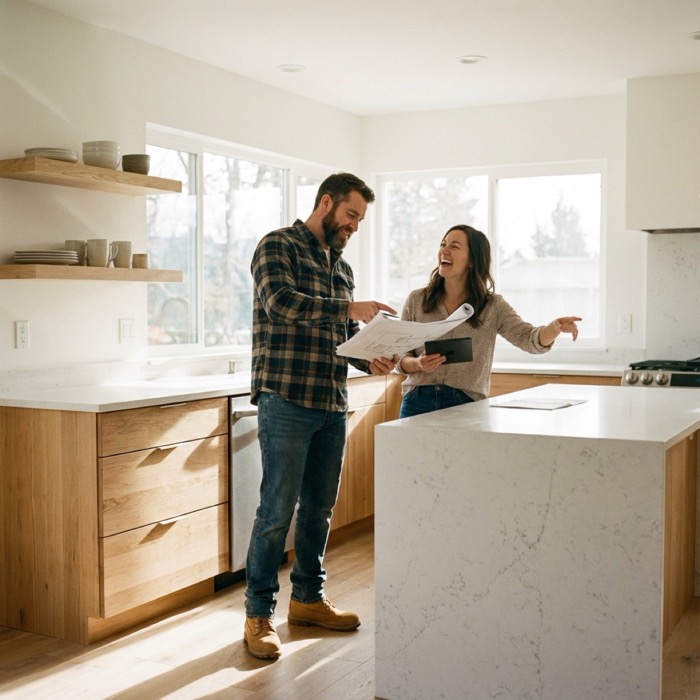 Contractor discussing plans with happy homeowner